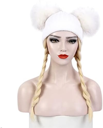 SDFGH дамска шапка за коса, бяла вязаная шапка, перука, зимна топла дълга права златна капачка-перука