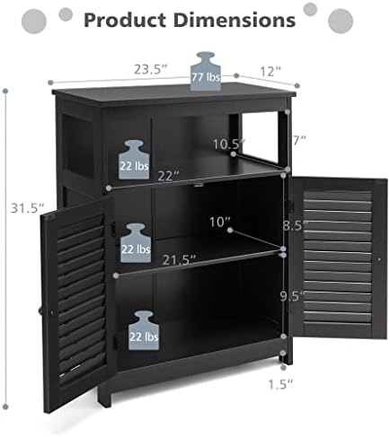 Шкаф за съхранение на Баня SXDS Дървен Етаж шкаф с Двойни Жалюзийными Врати Черен Шкаф за Баня