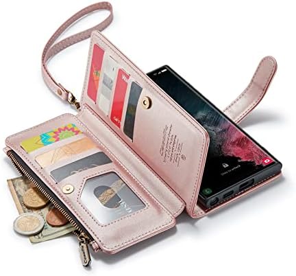 Чанта-портфейл REEGINCH Samsung Galaxy S22 Ultra, Здрав Калъф-награда от изкуствена кожа с държач за карти, Каишка за китката-гривна,