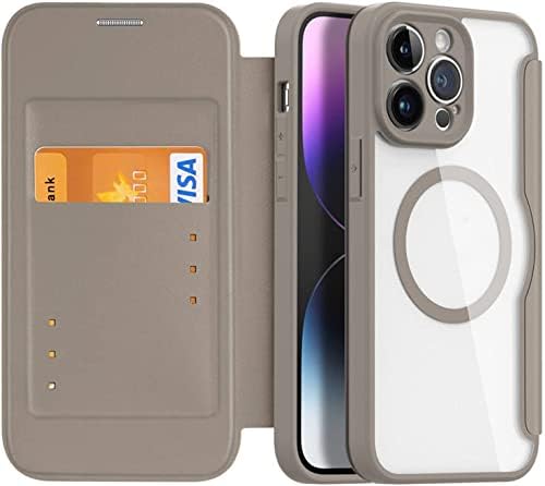 Чанта-портфейл SKM за iPhone 14/14 Plus/14 Pro/14 Pro Max, Тънък Магнитен Флип калъф от висококачествена кожа с прозрачен заден панел
