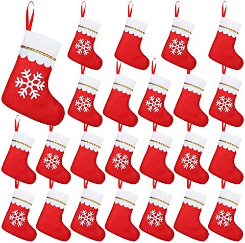 Hiwooii 24 Опаковане на Коледни Чорапи, Чорапи, 9-Инчов Коледни Чорапи от Червен Филц, Бели Чорапи с Снежинками за Коледната Елха, Украса на Стената, Камина, Врата, Прозор?