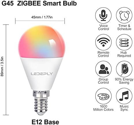 Умни лампи LEDEPLY Zigbee A15, съвместими с Hue *, Alexa, Google и ConBee (изисква hub), които променят цвета на E12, Адаптивни бял 2700K-6500 K, ВЪВ формата на топка, Лампи за вентилатори G45, 2 опак?
