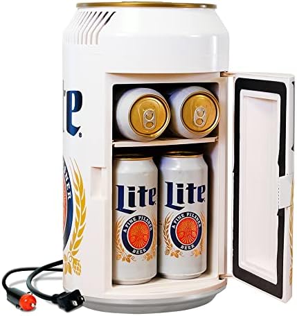 Преносим мини-Хладилник Miller Lite на 8 Кутии с кабели за постоянен ток 12 и 110 vac, Персонален Охладител под формата на бира банки обем 5,4 л (5,7 qt), Бял, Пътен Хладилник за бир?