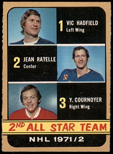 1972 O-Pee-Chee 250 All-Star Вик Хэдфилд/Жан Ратель/Иван Курнойе Рейнджърс-Хокей на лед/Рейнджърс-Хокей на лед/Канадиенс (Хокейна карта)