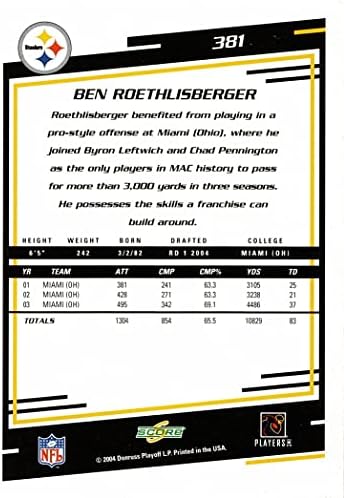 2004 Сметка във футбола 381 Карта новака Бен Ретлисбергера
