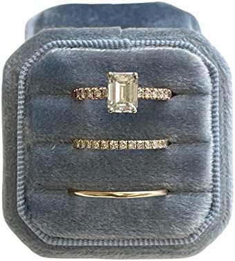 Луксозна кадифе малка кутийка за пръстени с 3 слота за квадратен осмоъгълник за годеж, сватбена церемония, за съхранение на бижута (лавандула)