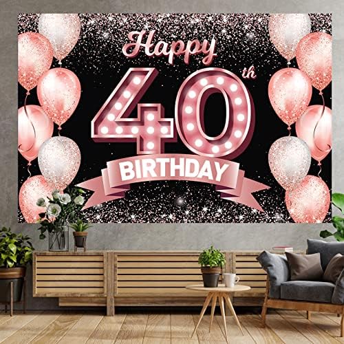 С 40-ти Рожден Ден, Банер от Розово злато, на Фона Поздрави 40-годишен, Балони с Конфети, Тематичен Декор, Украса за жените и 40 Години,