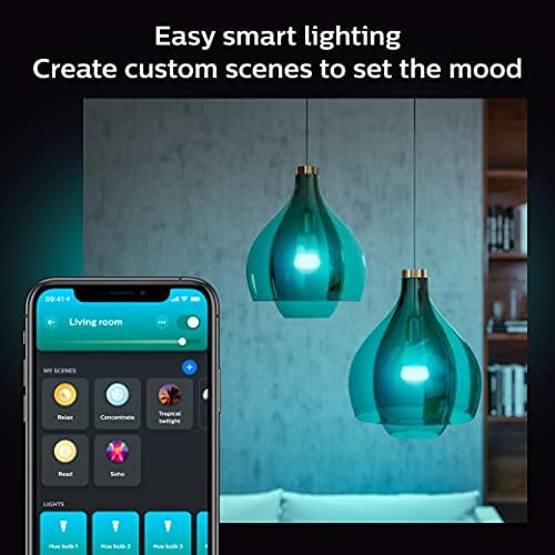 Стартов комплект PHILIPS Hue 75W Color Smart Button + Допълнителна лампа A19, 4 интелигентни фарове A19 средната яркост, 1 смарт бутон и 1 hub Hue (съвместим с Алекса, Apple HomeKit и Google Assistant) (56333
